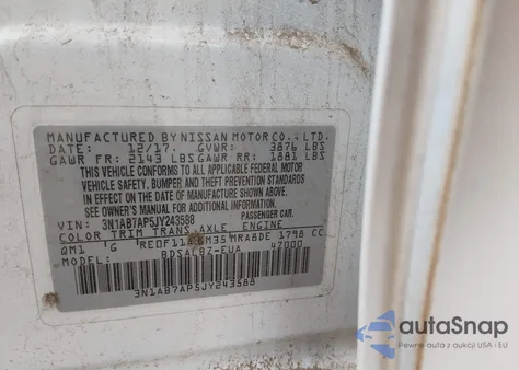 2018 Nissan Sentra S z USA, uszkodzony, nr VIN 3N1AB7AP5JY243588